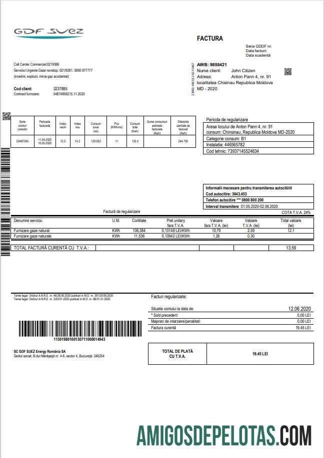 realista Modelo de fatura de serviços públicos de gás da Moldávia em formato Word e PDF